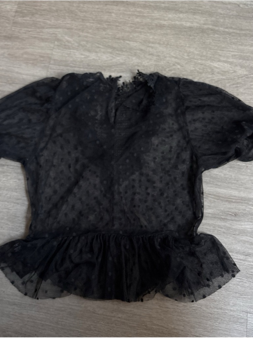Sheer Black Swiss Dot Peplum Short-Sleeve Top